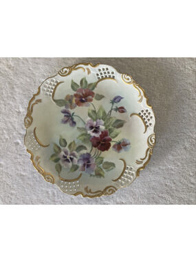 Vintage Hand Painted Plate Pansies Scalloped Edge Gold Trim Floral Signed Decor